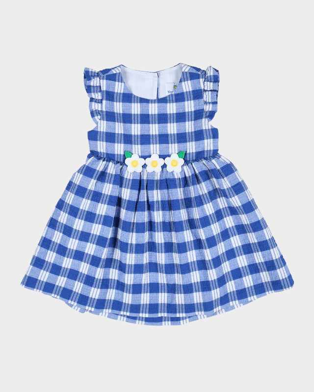 Girl's Plaid-Print Seersucker Dress W/ Floral Appliques, Size 12M-18M